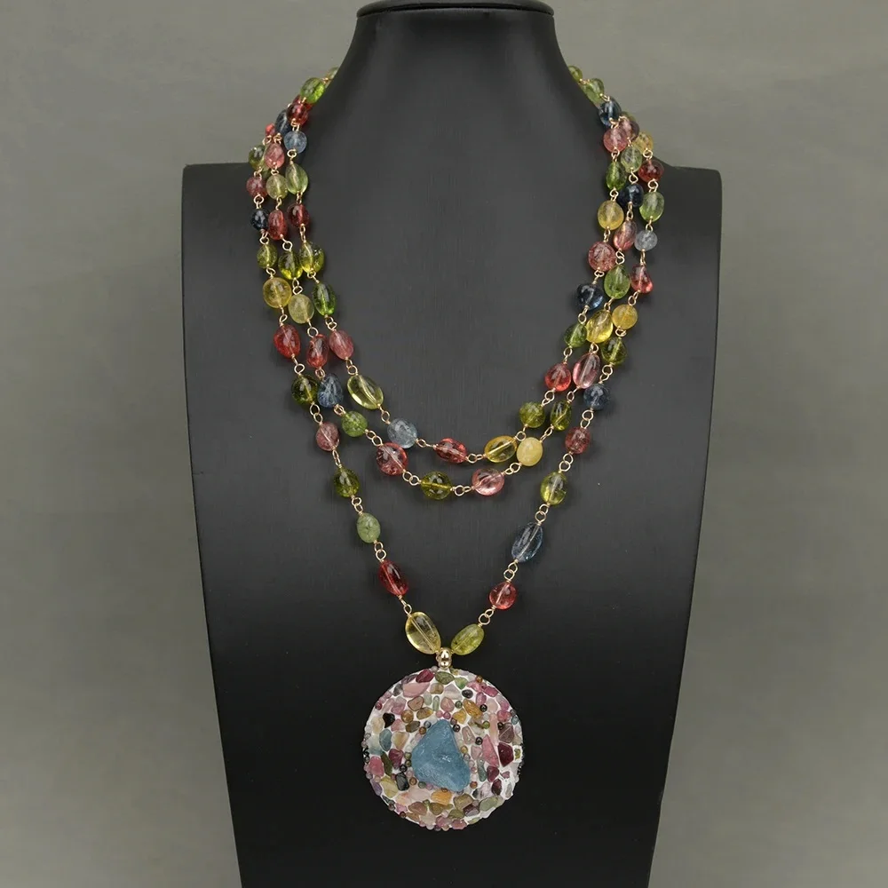 

18'' 3 Rows Natural Mix Color Crystal Smooth Nugget Chain Necklace Tourmaline Aquamarine Crystal Pendant