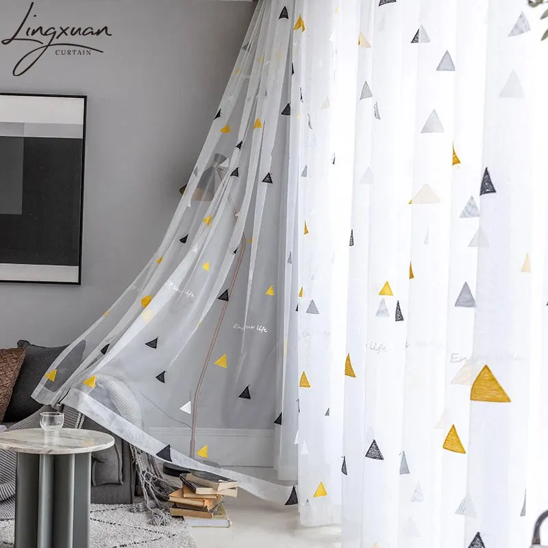 Nordic Style Triangle Tulle Curtains for Child's Bedroom Window Treatment Sheer Voile Curtain for Living Room Finished Drapes