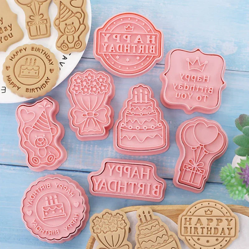 Cookie Cutter Set 8Pcs Happy Birthday Theme Cake Bear Flower Biscuit Mold Cookie Stamp Baking Pastry Bakeware for Birthday Party