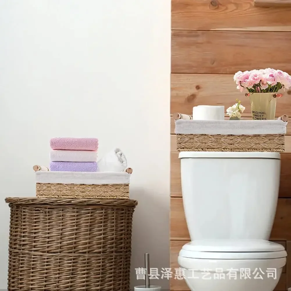 1pc Bathroom and Kitchen Storage Basket - Small Wicker Organizer for Countertops - Round Paper Rope 2
