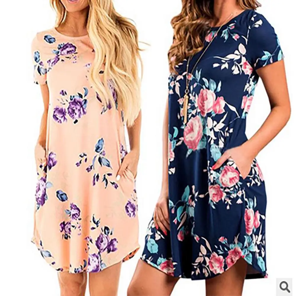 

Летнее платье с цветочным принтом и карманами, летняя Облегающая рубашка с коротким рукавом, короткая юбка с большим подолом