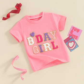 Children s Girls Birthday T-Shirts with Embroidered Letters Crew Neck Short Sleeves and Casual Summer Fashion Toddler Tops 5
