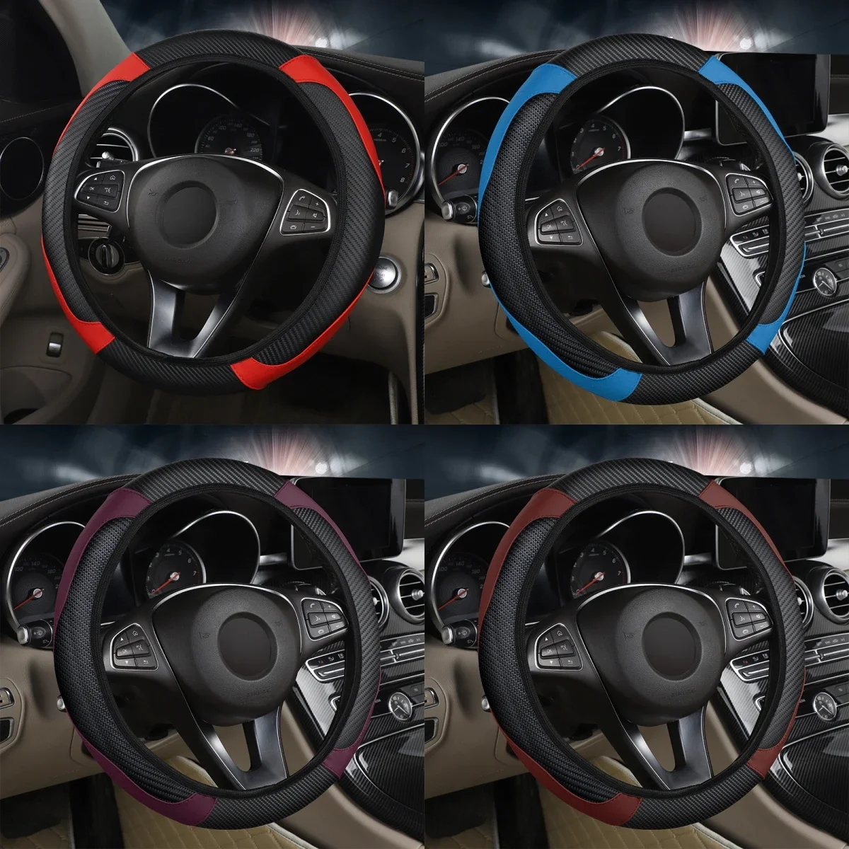 Deluxe Breathable Anti-Slip PU Leather Steering Wheel Cover with Carbon Fiber Design