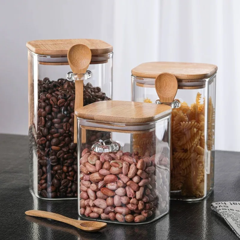 Glass Storage Jar with Lid Bamboo Spoon Square Sealed Seasoning Coffee Beans Household Storage Bottle