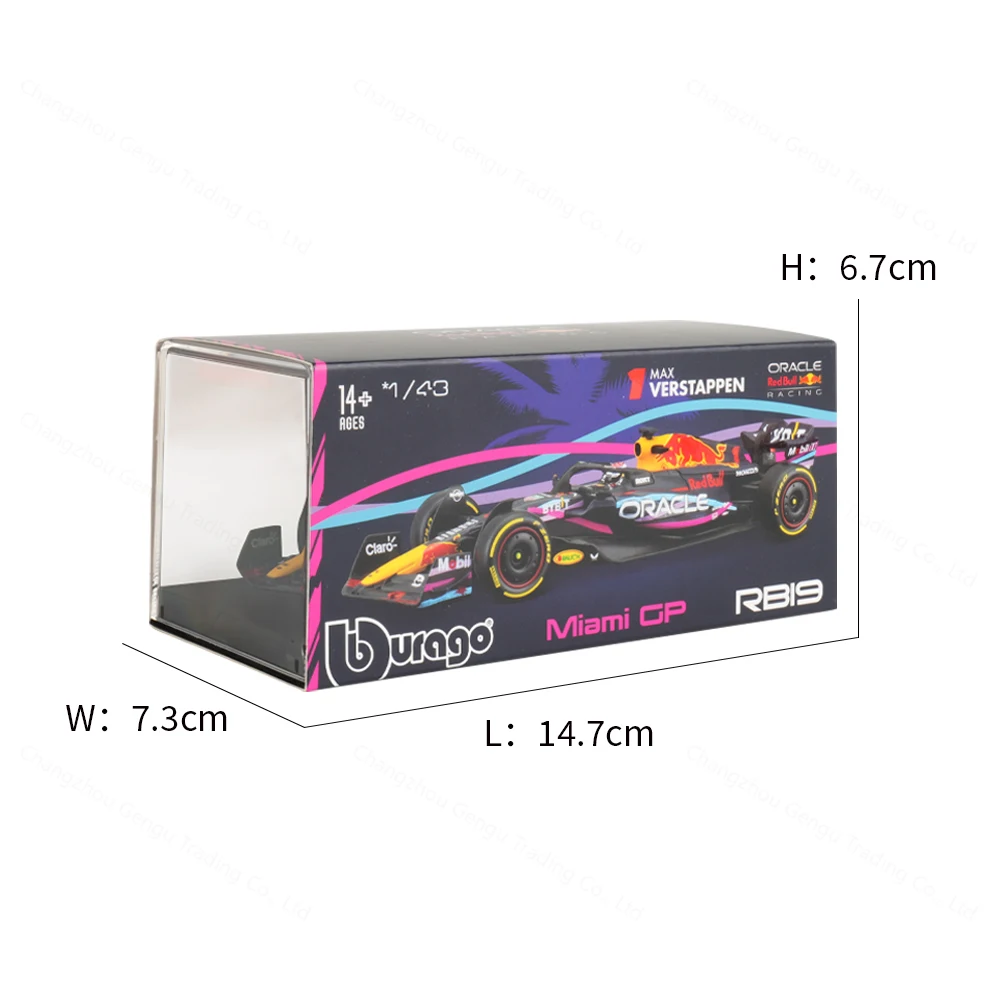 Bburago 1:43 레드 불 2023 마이애미 F1 레이싱 RB19 다이 캐스트 차량 모델, 포뮬러 레이싱 카 장난감, 아크릴 박스