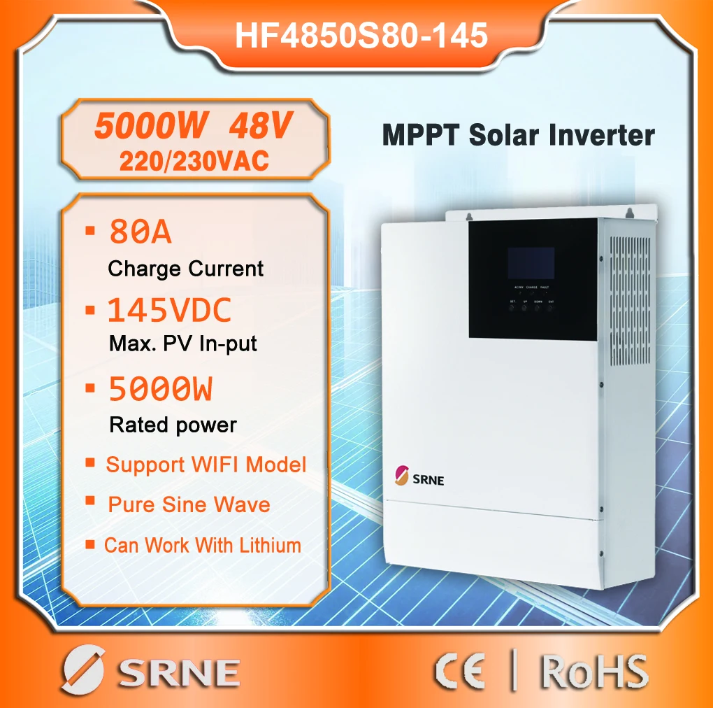 

SRNE 5KW 48V OFF-GRID Hybrid Solar Inverter MPPT 80A Pure Sine Wave SPWM Solar Charger AC Output 220/230VAC LCD Solar Inverter