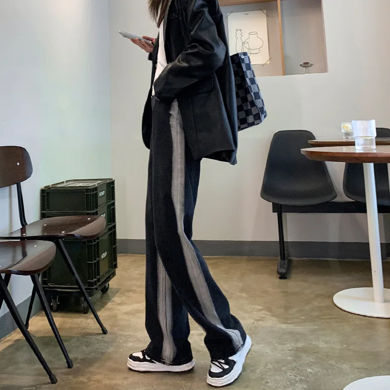 Gradient Jeans High Waisted Loose Thin Straight Draped Drag Ground Wide Leg Trousers  for Women