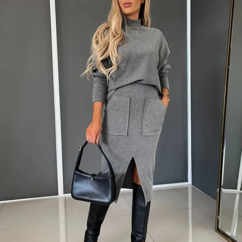 Elegant Women Knitted Skirt Two Piece Set Chic Commute Office Outfits Lady Solid Turtleneck Top And Slim Slit Pocket Skirt Suits
