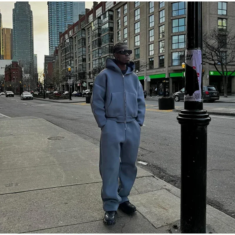 American street For Men Two Piece Fashion Solid Color Fleece Oversized Sweatshirt Suit Y2K Harajuku Hip Hop Slacks Jogging Pants 6