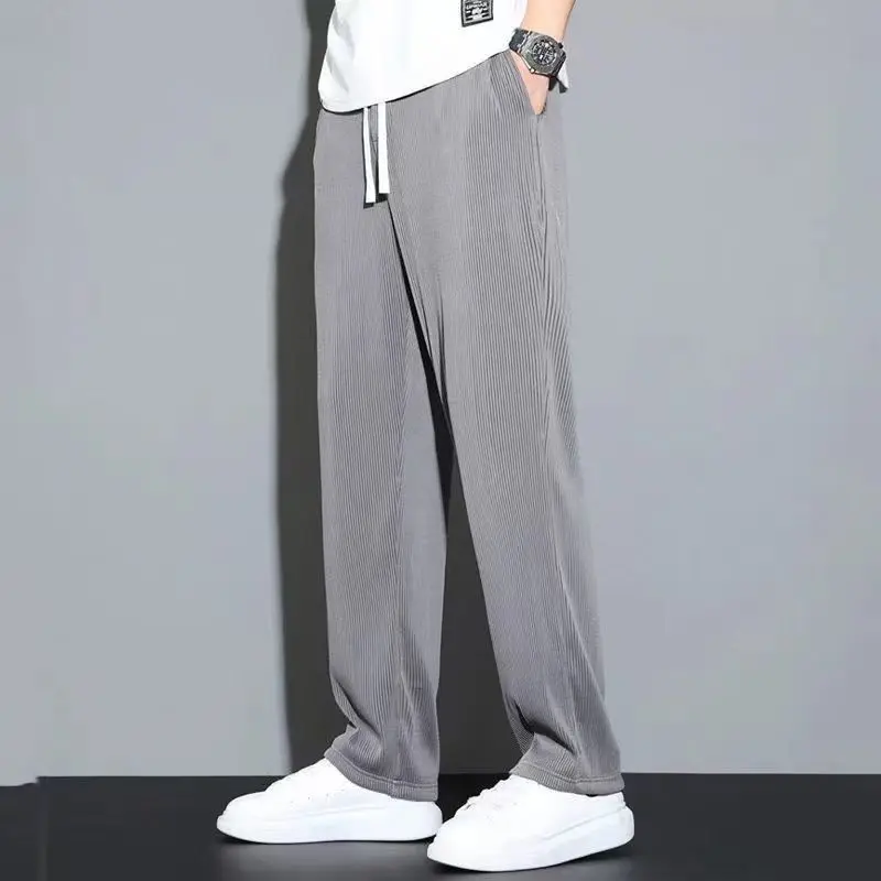 Korean Trend Summer Thin Ice Silk Elastic Striped Casual Pants Men Pocket Drawstring Versatile Loose Straight Sports Trousers