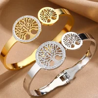 Luxury Tree Of Life Open Cuff Bangles Stainless Steel Gold Plated Spring Buckle Bracelet Non-Fading Jewelry Wrist Accessories 1