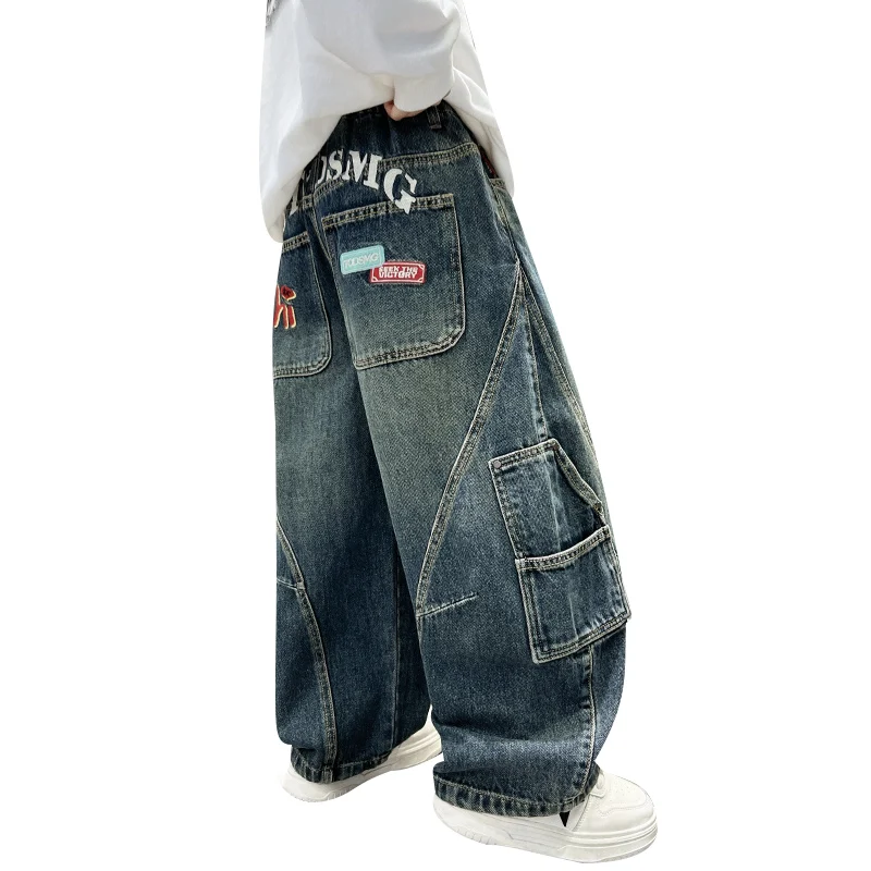 Cool Loose Casual Jeans for Boys Straight Leg Wide Leg Spring Autumn Middle Large Children's Jeans Fashionable And Durable - 5