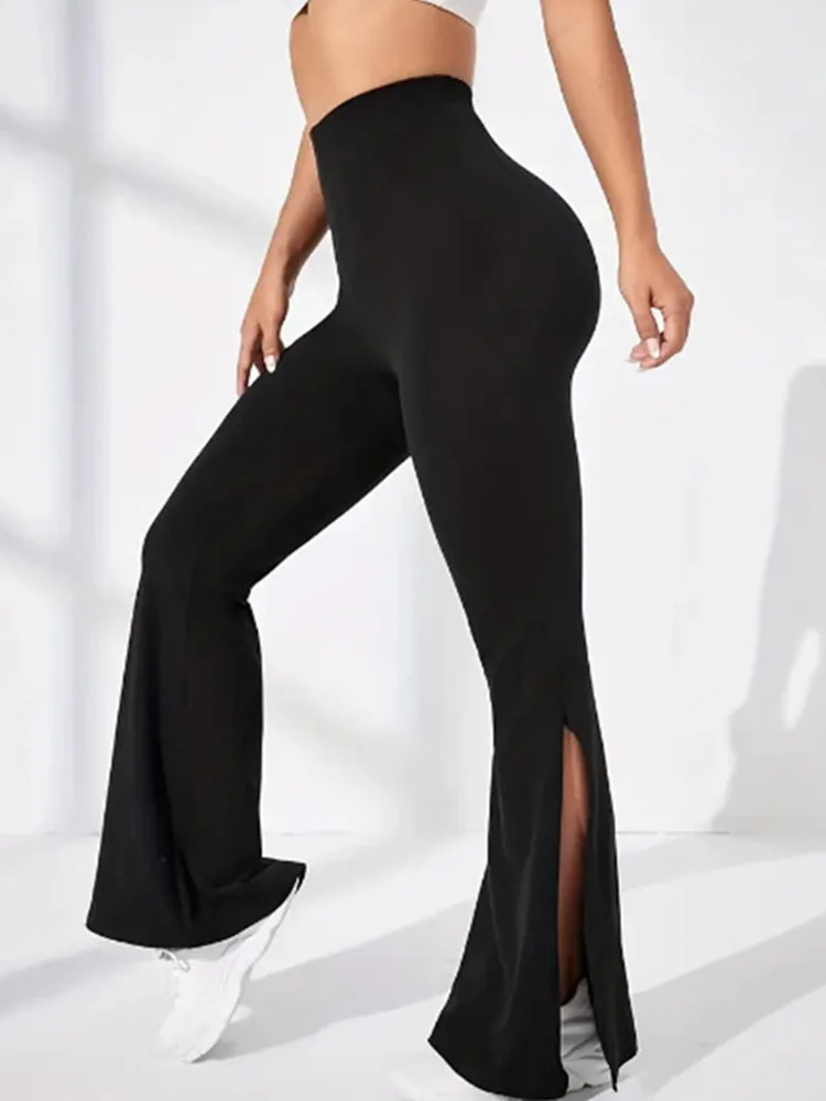 Wide Leg Pants Sports Side Split Sexy Trousers Black Solid Color Fitness Yoga High Waist Workout Tights Gym Slimming Clothing