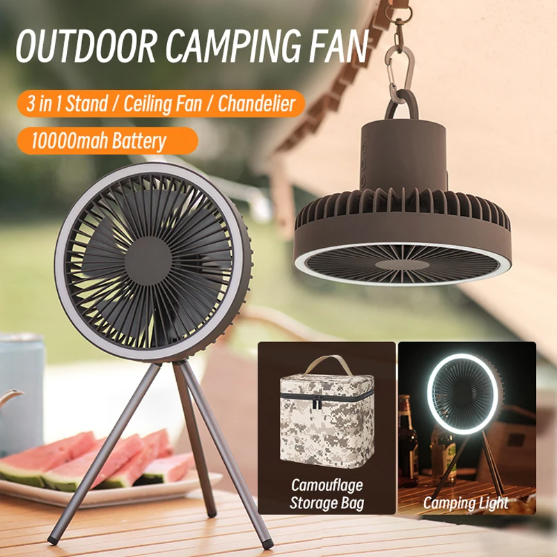 10000mAh Camping Fan Rechargeable Desktop Portable Circulator Wireless Ceiling Electric Fan with Power Bank LED Lighting Tripod