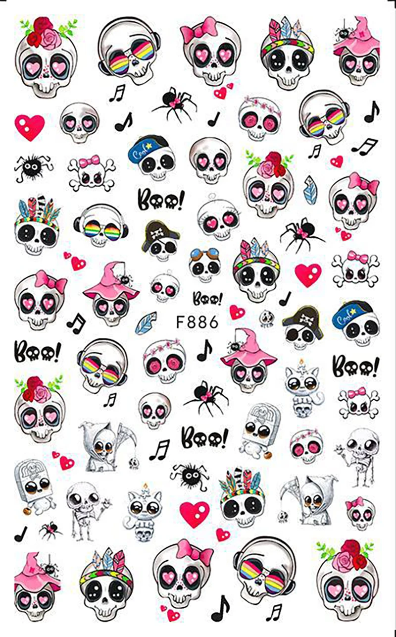 3D Skull Pumpkin Head Bat Nail Stickers Supplies Sliders Halloween Decorations Decals