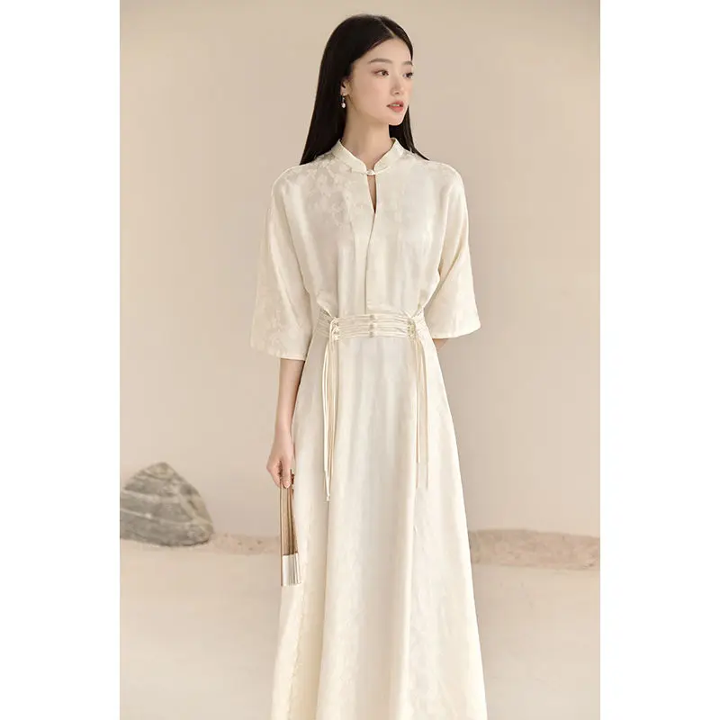 

2024 chinese style improved qipao summer new retro hanfu dress standing neck pan buckle short sleeved cheongsam white dress