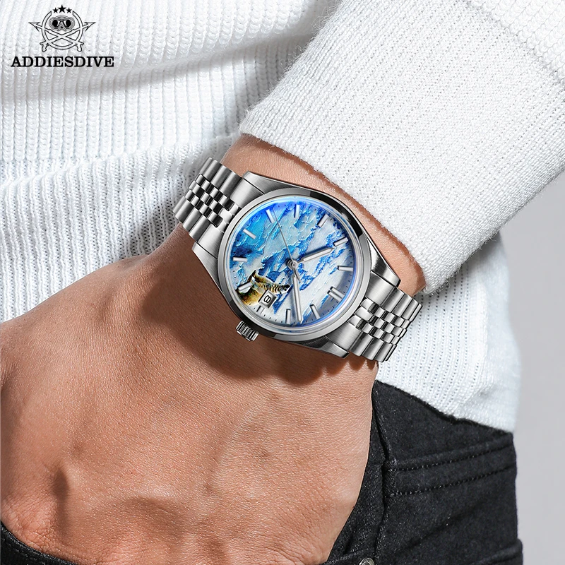 ADDIESDIVE Top Brand Men's Watch 39mm Automatic Watch New 100m Diving Bubber Mirror Glacier Dial Steel Luminous Mechanical Watch