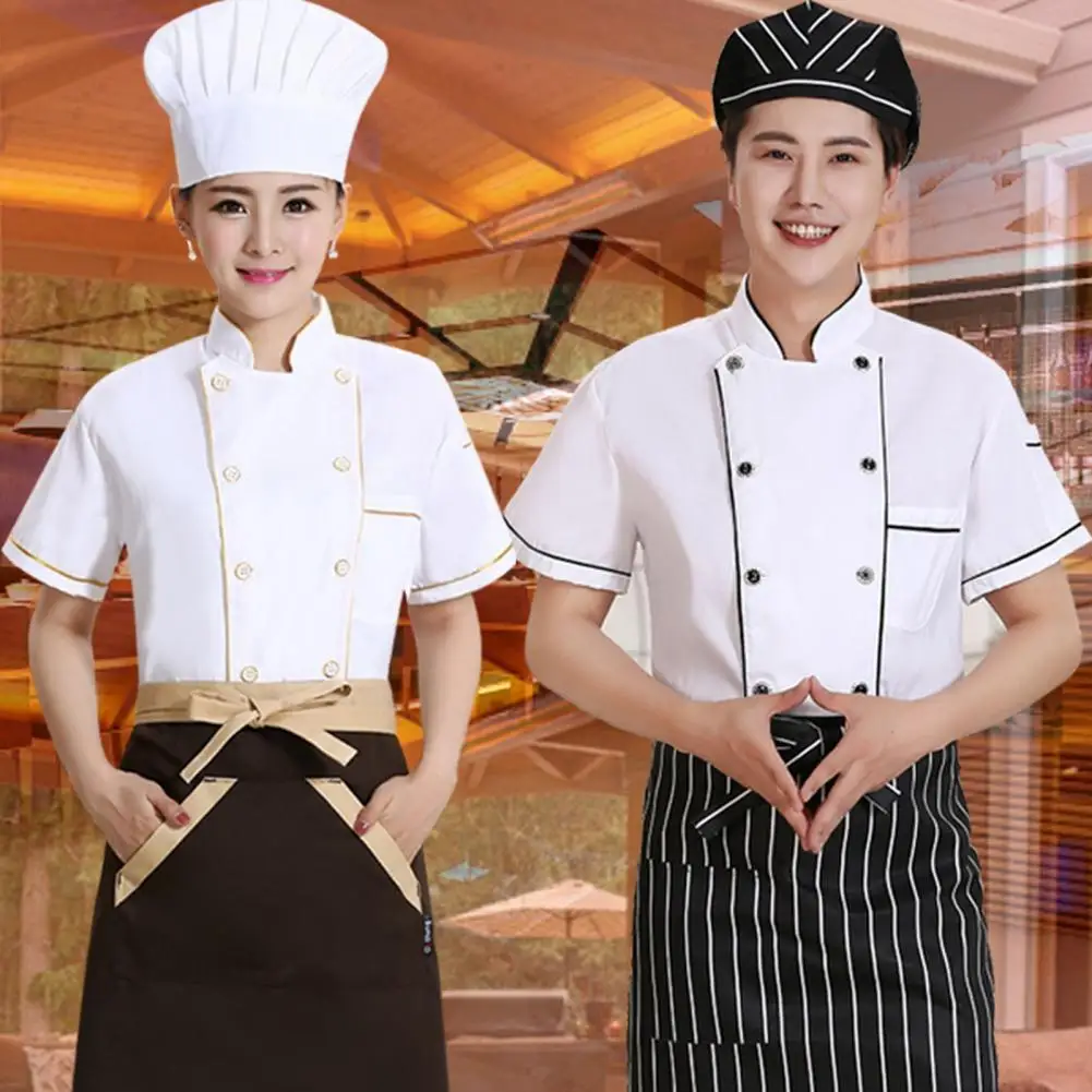 chef uniform unisex restaurant kitchen breathable double breasted shirt chef jacket cap apron work short sleeves clothes for men Three-dimensional Cutting Chef Apron Breathable Stain-resistant Chef Uniform for Kitchen Bakery Restaurant Double-breasted Short