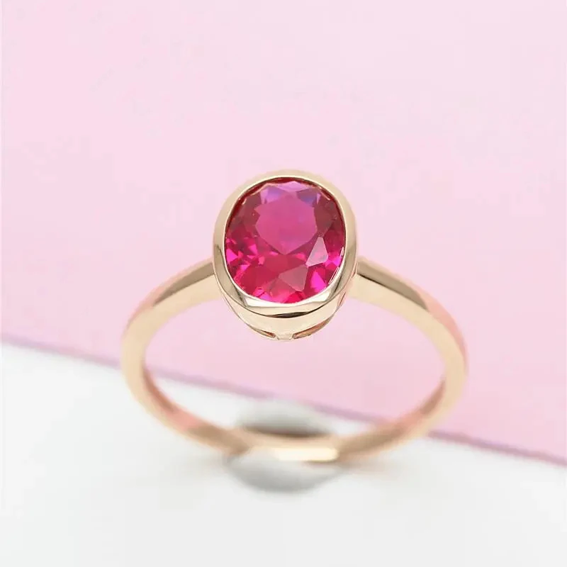 

585 purple gold plated 14K rose gold inlaid oval simple ruby rings for couples elegant and refined romantic charm jewelry
