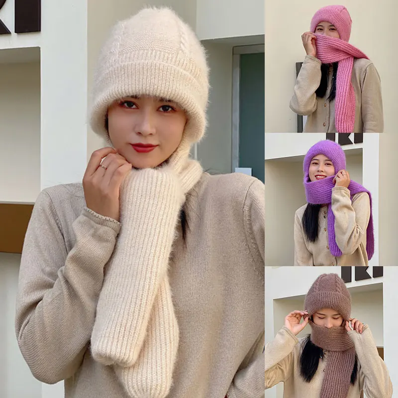 Solid Color One-piece Knit Hat Scarf, Windproof & Coldproof Winter