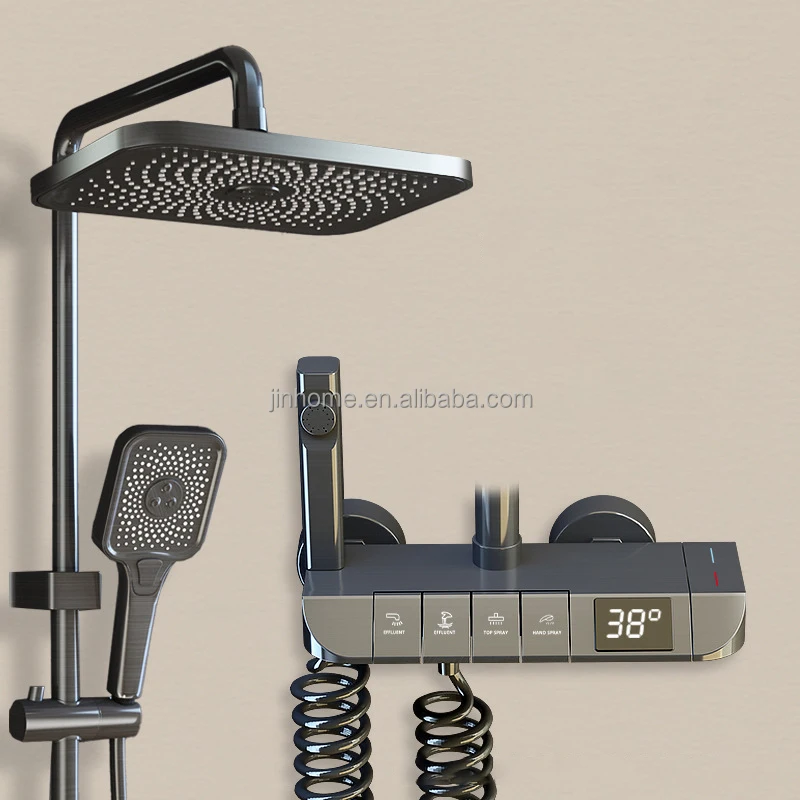 

Black Gun Gray Copper Piano Shower Set 4 Functions Rainfall Shower Head Bathroom Shower System With Temperature