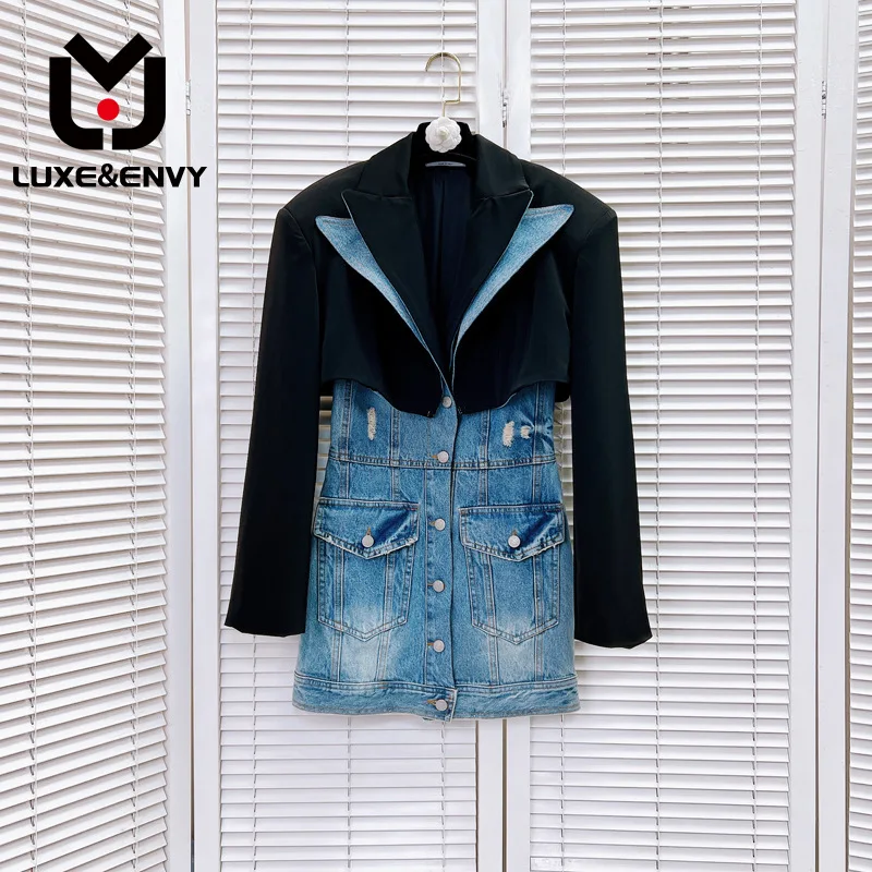 

LUXE&ENVY Good Design Small Group Denim Splice Suit Dress Fake Two Piece Set High Grade 2023 Autumn