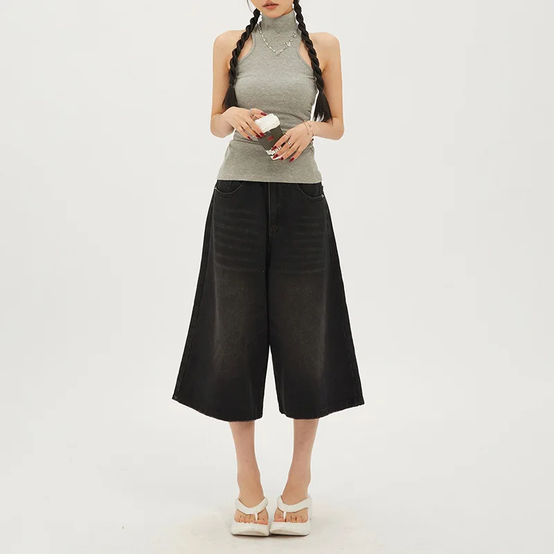 2024 Summer Y2k Retro Women Low Waisted Wash Cropped Baggy Jeans Wide Leg Frayed Denim Short Pants Korean Fashion Pants