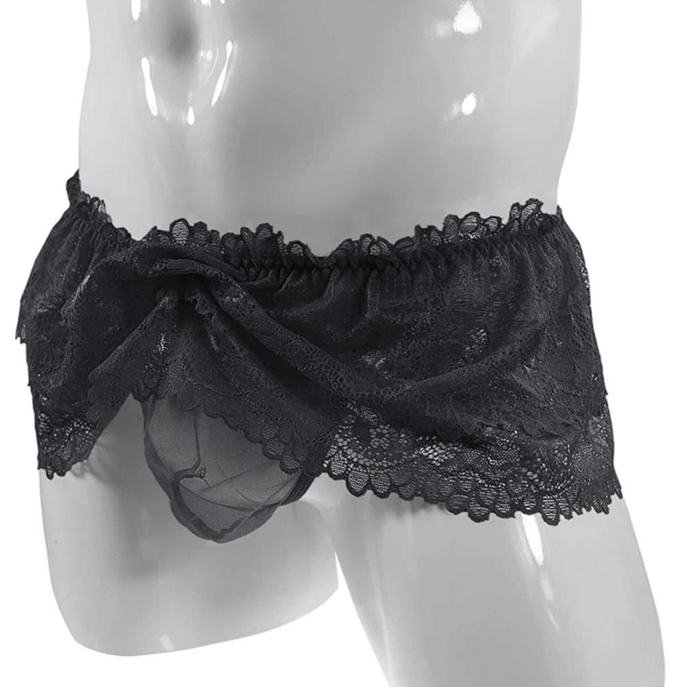 Mens Adult Frilly Lace Ruffled Crossdress Sissy Panties Maid Briefs Underwear Lingerie Knickers See Through Lace Hem Mini Skirt