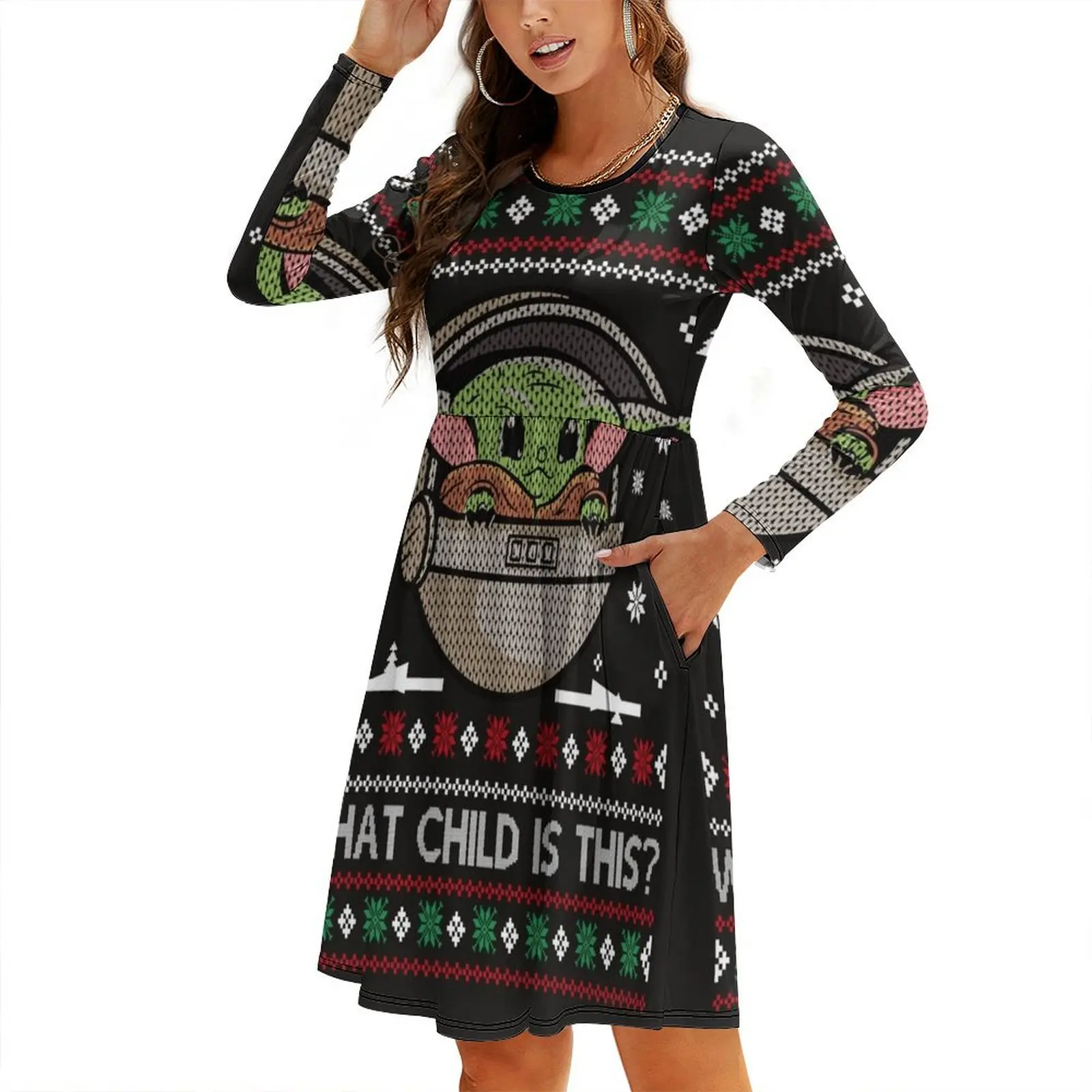

WHAT CHILD IS THIS UGLY CHRISTMAS SWEATER, FUNNY CHRISTMAS SWEATER TSHIRT. Round Neck Baggy Dress womens clothing