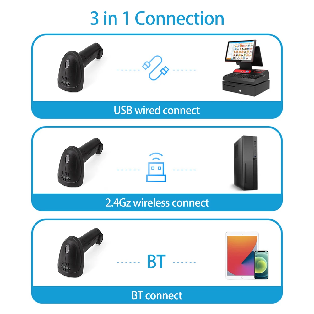 Wireless 1D Barcode Scanner 2.4G + BT + USB Wired Connection CCD Scanning Head for Paper Screen Codes for Windows Android