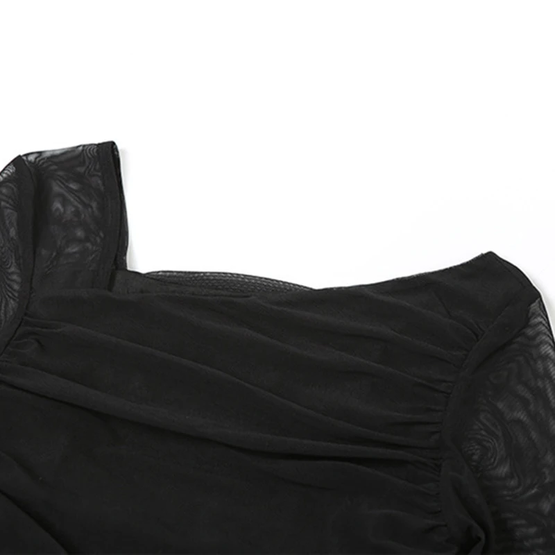 Black Dresses Women Elegant Solid Color See Through Round Neck Long Sleeve Split Party Dress Club Dresses Streetwear