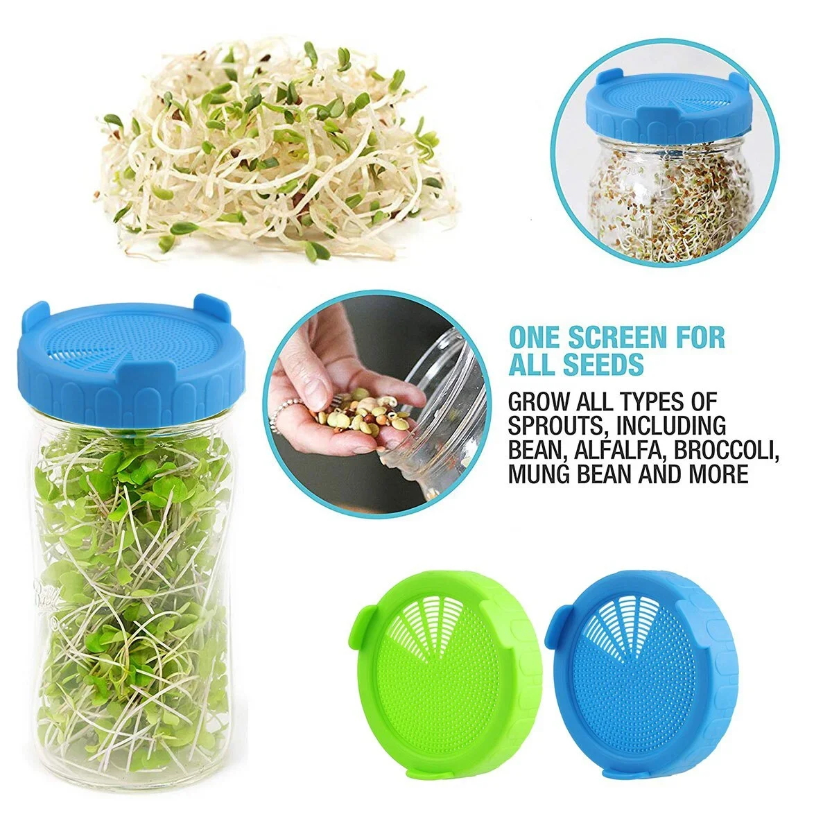 

2pcs Wide Mouth Jar Plastic Screen Sprouting Strainer Lid Kit for Growing Bean Broccoli Alfalfa Salad Sprouts More Lids
