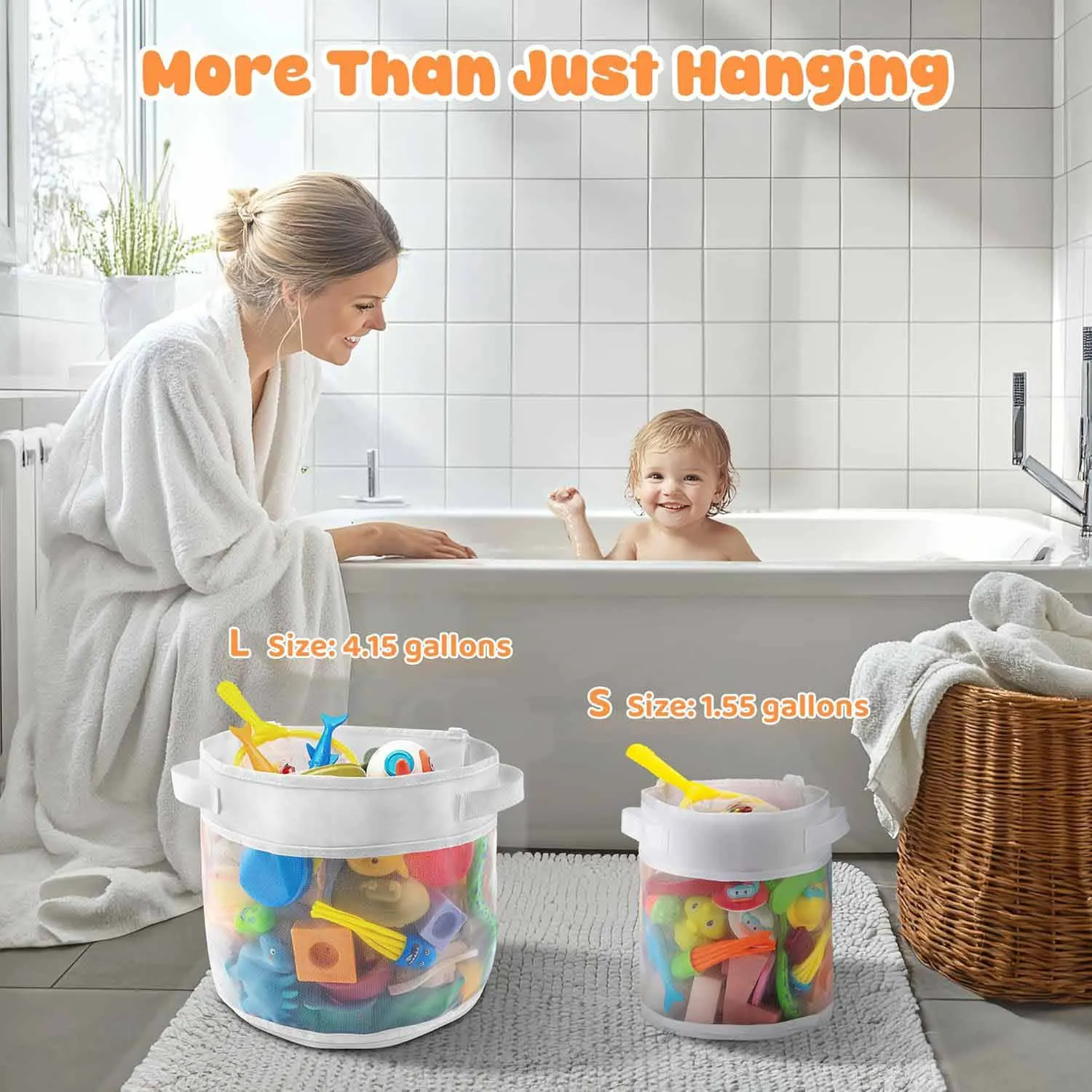 Quick access to bathtub, baby toys, bath, miscellaneous items storage net, bathroom miscellaneous items storage bag