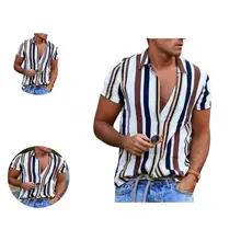 

Men Top Chic Turn-down Collar Summer Breathable Striped Print Hawaiian Shirt for Daily Wear Hawaiian Shirt Summer Shirt