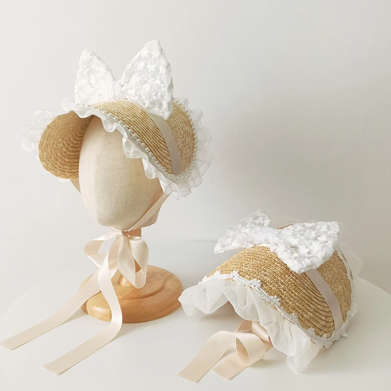 Lolita Kids Girls Hats Lace Bow Straw Princess Baby Cap for Girls Sun Hat Photograph Props Sweet Headwear Children Bonnet 2-10Y