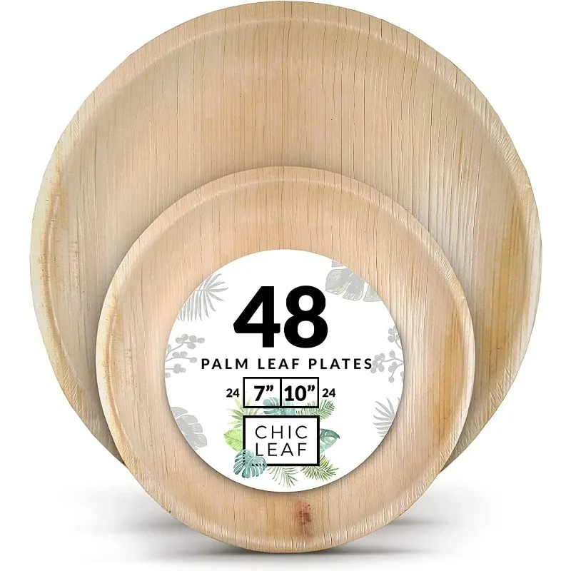 Palm Leaf Plates Disposable Bamboo Plates Like 10 Inch & 7 Inch Round Party Pack (48 pk) Compostable and Biodegradable