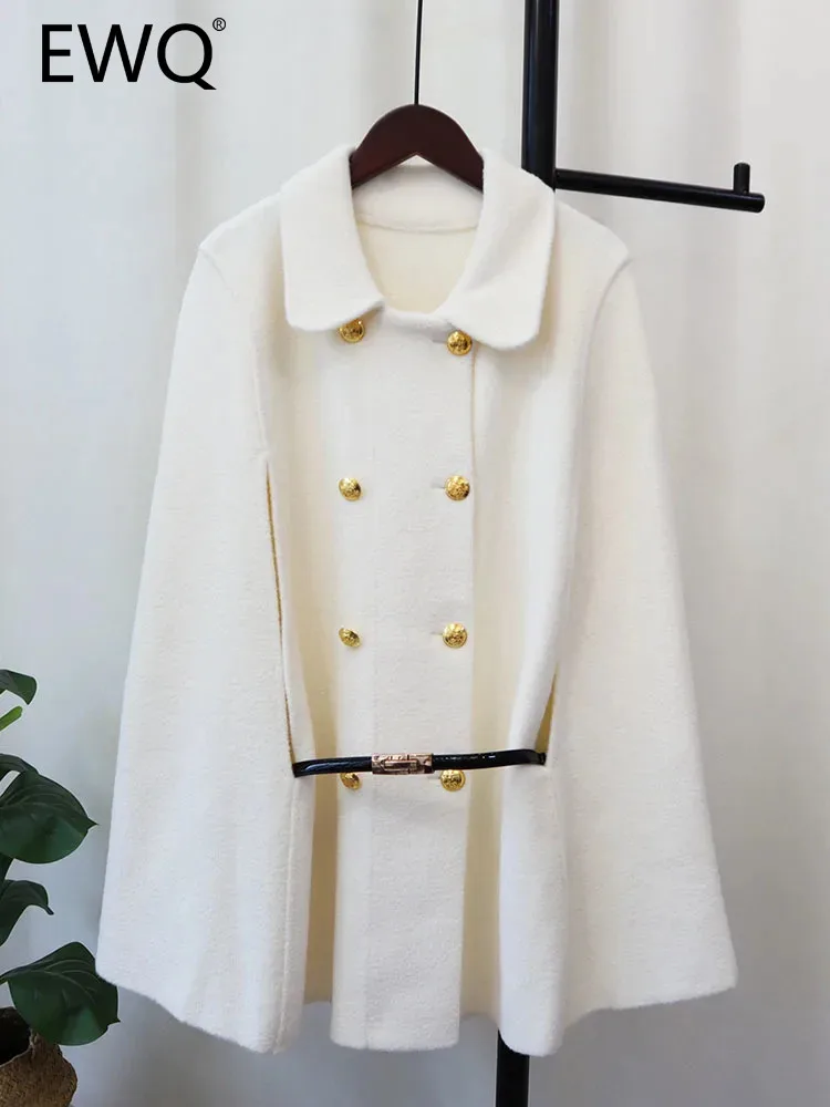 

EWQ Sweet Style Women's Jacket Knitted Woolen Shawl Belt Double-breasted Solid Color Lapel Coats Autumn Winter 2023 New 27SN4385