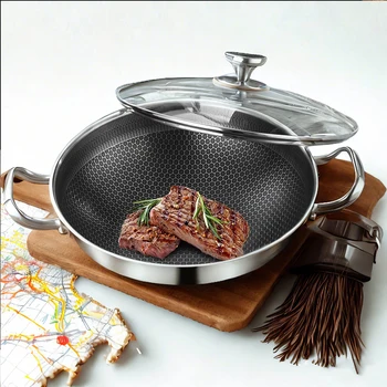 32cm Non-Stick Frying Pan Wok Soup pot Stainless Steel Honeycomb Home Steak Induction Cooker Gas Stove General Kitchen Cookware