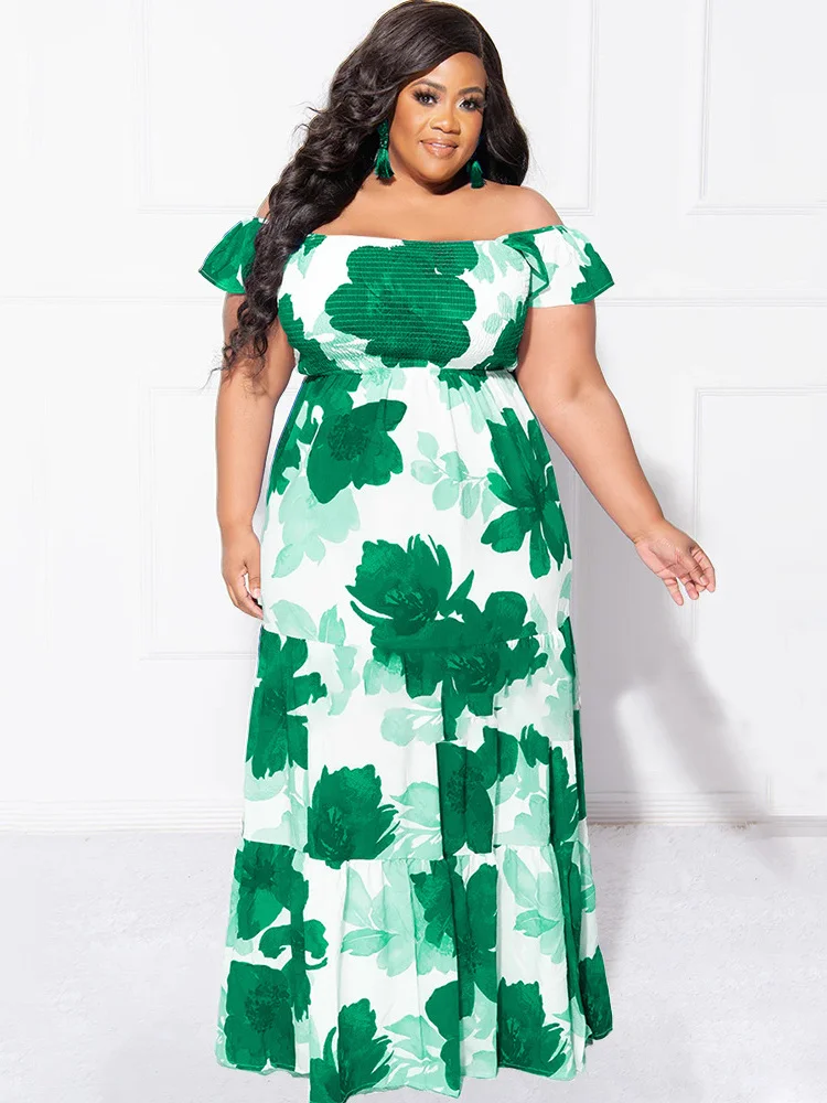 Wmstar Plus Size Dresses for Women Summer Holiday Flower Printed Off Shoulder Stretch Elegant Maxi Dress Wholesale Dropshipping