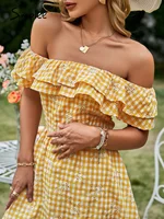 Cotton embroidery one shoulder layer ruffles summer mini dress Holiday plaid women Floral beach dress