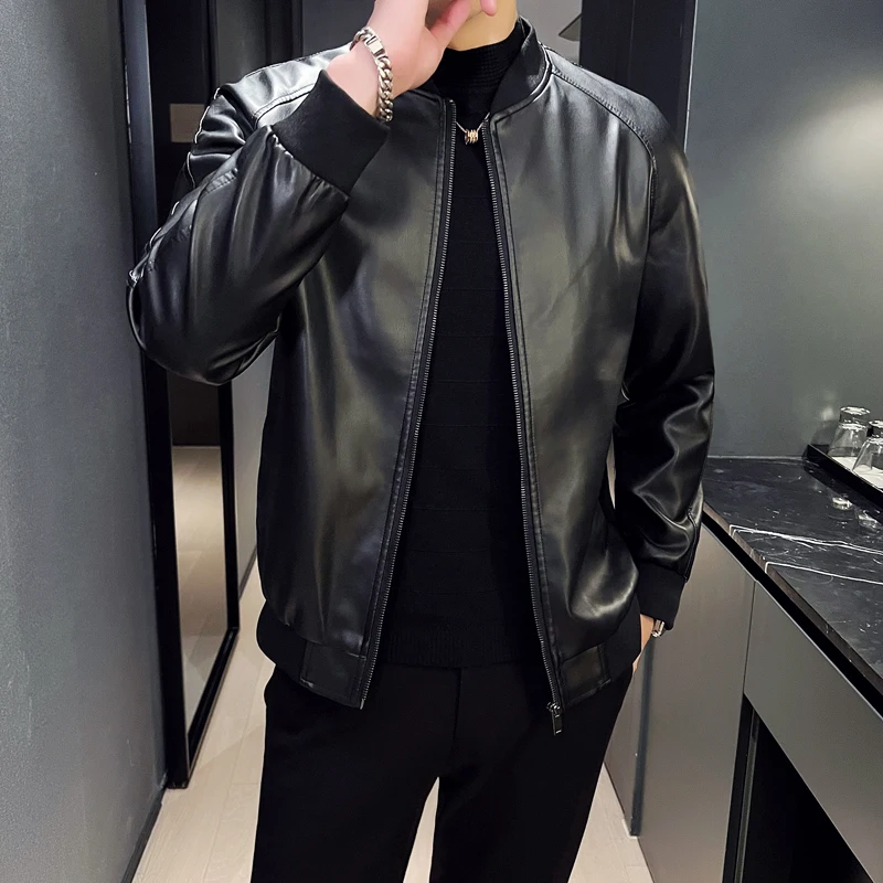 Men'S Autumn Thin Velvet Leather Jacket “ Windproof Streetwear Zipper Retro Moto Biker Coat