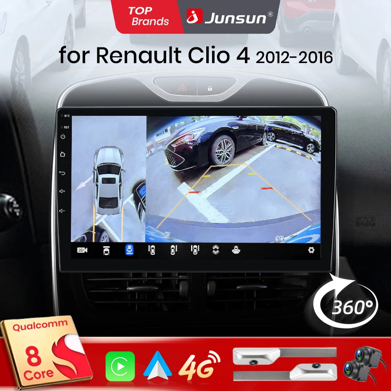 Junsun Qualcomm de 8 Núcleos 360 °   Radio para coche con CarPlay y Android Auto (cámara opcional) para Renault Clio 4 2012-2017, sistema 2 DIN, estéreo, GPS, SWC, Bluetooth, FM, RDS, DSP, pantalla IPS, sistemas inteligentes para coche, control por voz con IA, 4G, WiFi, 8 núcleos, Plug&Play, unidad principal. 1