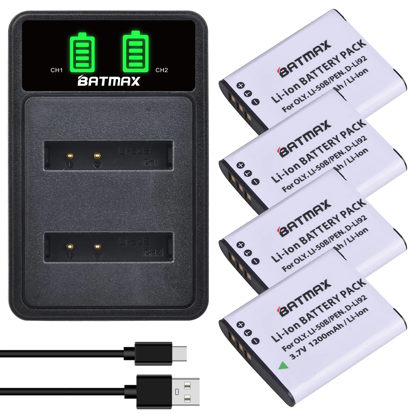 Rechargeable Battery Charger Camera Battery Charger Rechargeable Battery Camera Battery Batmax Li-50B Li50B Bateria D-Li92 Battery+LED Dual Charger with Type-C Port for Olympus u6010 u6020 for Pentax XZ-1 SP-800UZ
