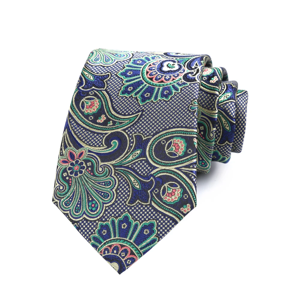 

8CM Mens Necktie Green W/ Blue Paisley Ties For Man Shirt Suit Polyester Jacquard Woven Ascot Business Party Accessories