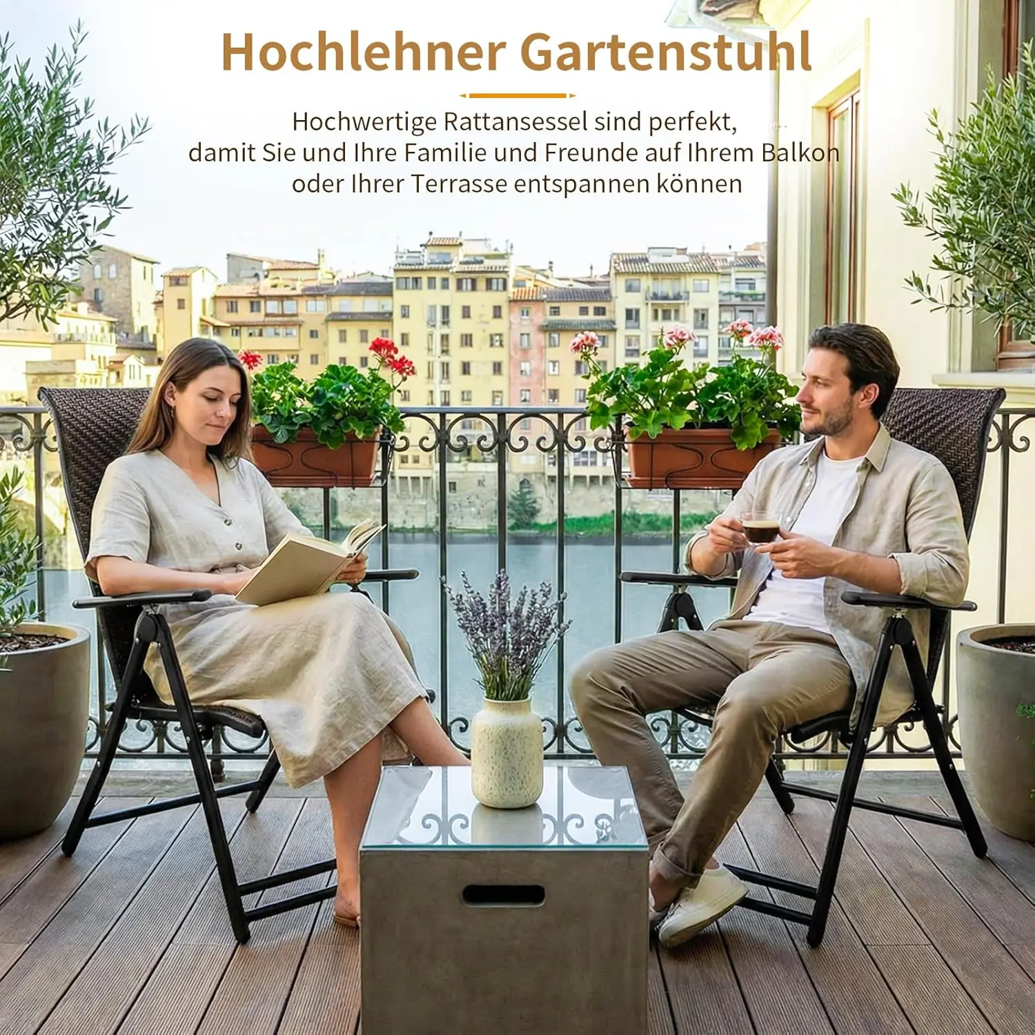 2er-Set Rattan-Liegestühle, klappbarer Balkonstuhl, 7-fach verstellbare Rückenlehne, Gartenliege mit hoher Rückenlehne – Detail 8