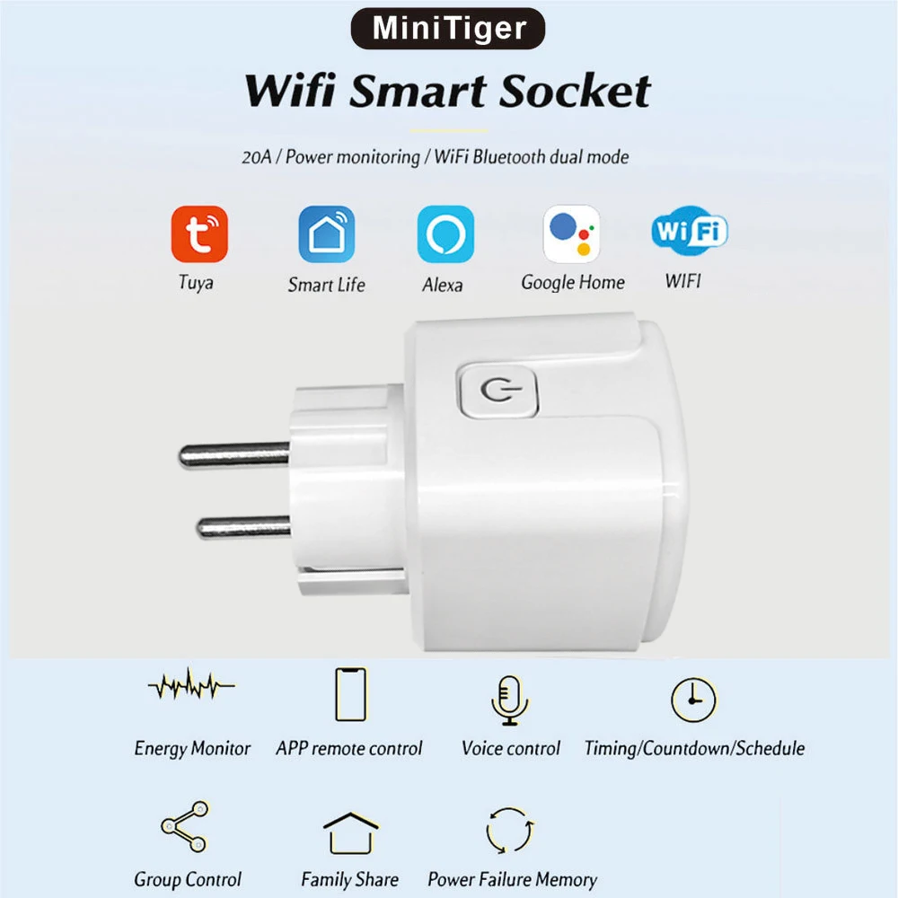 Tuya Smart Life WiFi Socket 20A EU France Plug App Remote Control Timing Power M