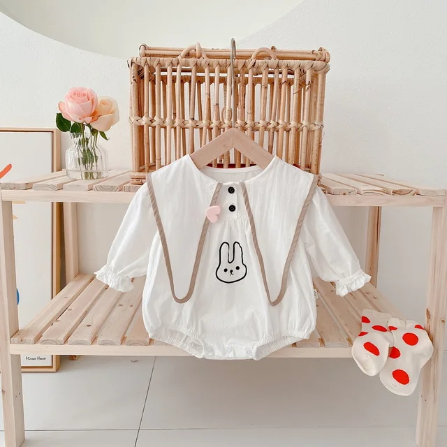 2022 Korean Style New Spring Baby Girl Bodysuit Turn-down Collar White Cartoon Rabbit Jumpsuit+Dress Children Clothes E102 6
