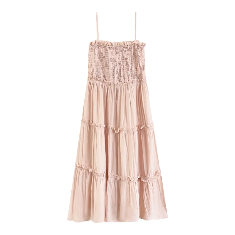 

Vintage Sweet Pink Wood ear edge Strap Waist Cake Dress