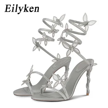 Eilyken Sexy Crystal Butterfly-knot Ankle Strap Sandals Woman Fashion Open Toe Stiletto High Heels Banquet Party Pumps Shoes 1