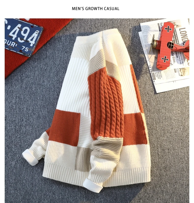 Men's Knit Sweater - Autumn Winter Plaid Patchwork Pullover | Thick Round Neck Casual